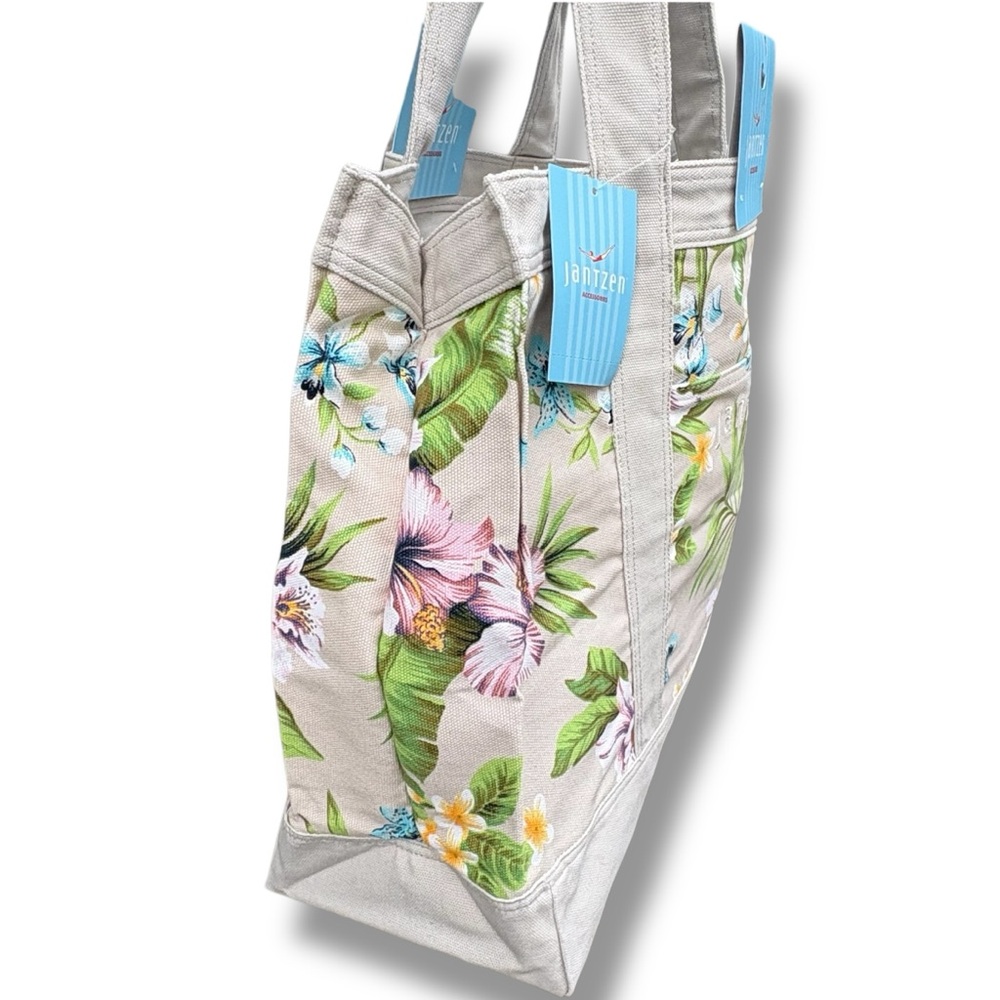 Jantzen Taupe Tropical Floral Canvas Beach Travel Tote Bag - Picture 3 of 7
